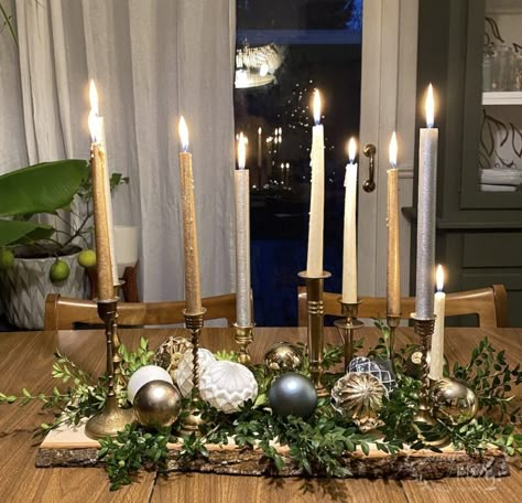 Tablescape With Candles, Taper Candle Centerpiece, Brass Candle Sticks, Gold Taper Candles, Christmas Candle Centerpiece, Christmas Candlesticks, Candlestick Centerpiece, Holiday Tablescape, Candle Stick Decor