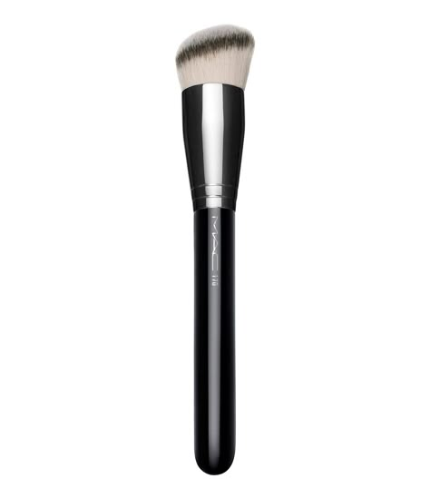 Its round and slightly-domed slanted shapepaired with densely-packed luxuriously-soft synthetic fibersmakes this brush ideal for applying, buffing out and blending thick creams and liquids with a smooth, even finish.  Works especially well with MAC Studio Tech.  MAC professional brushes are hand-sculpted and assembled using the finest-quality materials.  They feature wood handles with nickel-plated brass ferrules. Mac Brush, Mac Brushes, Makeup Bag Essentials, Mac Studio, Wood Handles, Mac Makeup, Face Brush, Foundation Brush, Makeup Forever