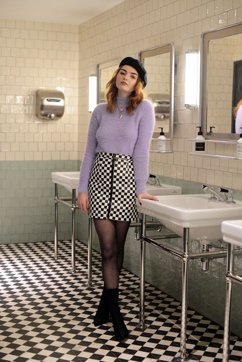 Checkerboard Skirt Outfit, Cottage Outfits, Checkered Skirt Outfit, Checkerboard Skirt, Boots Ootd, Fluffy Jumper, The Hoxton, Check Mate, Classic Corvette