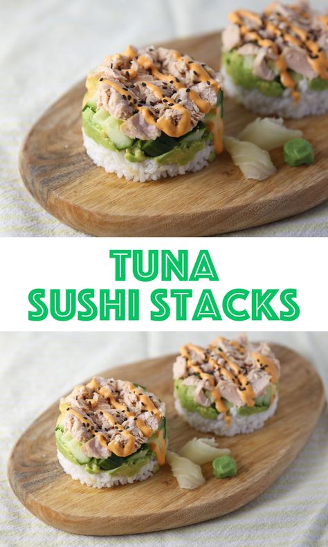 Sushi Recipe Video, Sushi Tower, Sushi Stacks Recipe, Tuna Sushi Bowl, Sushi Stacks, Baked Sushi, Spicy Tuna Sushi, Bento Meals, Avocado Recipes Easy