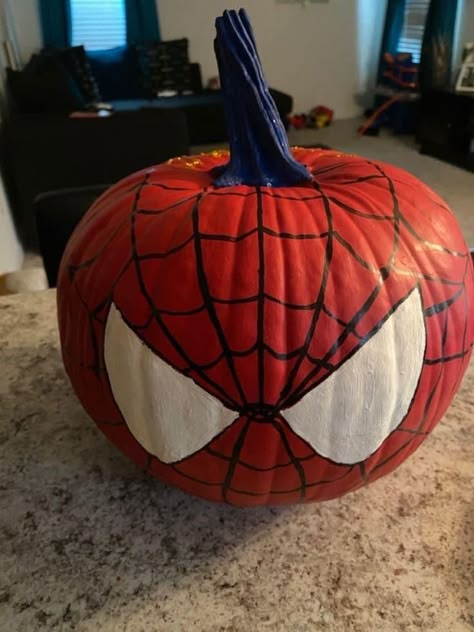 Pumpkin Painting Ideas Mini Pumpkins, Spider Man Pumpkin Painting Ideas, Things To Draw On A Pumpkin, Pumpkin Carving Ideas With Paint, Spiderman Painted Pumpkin, Couples Painted Pumpkins, Iron Man Pumpkin Painting, Mini Pumpkins Painting Ideas, Pumkin Decoration Ideas Easy Paint