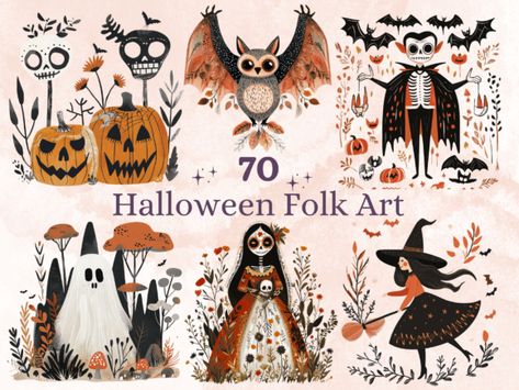 featuring a witch, ghosts, bats, pumpkins, and other symbols of the | #graphicdesign #illustration #art #design #digitalart #drawing #creativity #visualart #graphicart #illustrator #artwork #pinterest #collection #graphicillustrations #digitalillustration #creative #artist #illustrationart #graphicdesigner Scandinavian Halloween, Autumn Ornaments, Clip Art Fall, Halloween Kunst, Halloween Folk Art, Holiday Png, Halloween Designs, Art Et Illustration, Creepy Halloween