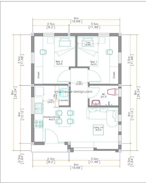 Small House Layout 6 X 8 House Plan, 2 Room Flat Design, Two Bedroom Flat Floor Plans, 48 Sqm House Design, Small House 2 Bedroom Plans, 60 Square Metre House Plans, 100 Sqm House Design Floor Plans, 6x8 House Plan, 2 Bedroom Flat Floor Plan