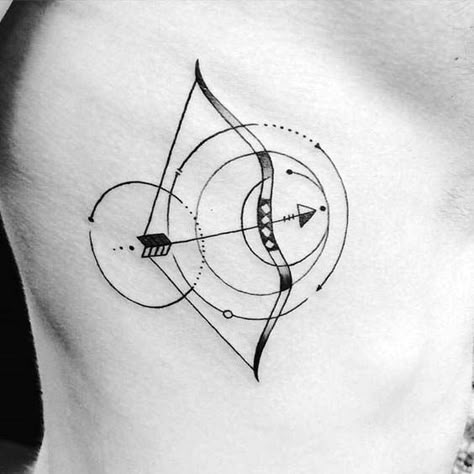 Cool Geometric Archery Tattoo Designs For Men On Rib Cage Side Archery Tattoo, Sagittarius Tattoos, Mens Arrow Tattoo, Artemis Tattoo, Archer Tattoo, Meaning Of Arrow Tattoo, Sagittarius Tattoo Designs, Tattoo Arrow, Small Arrow Tattoos