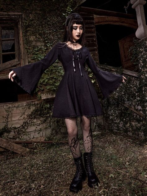 Goth Solid Tie Front Flounce Sleeve Dress | SHEIN USA Outfit Ideas Goth, Romwe Outfit, Bat Sleeves Dress, Flounce Sleeve Dress, Goth Things, Girls Dress Outfits, Goth Look, Fashion Top Outfits, Goth Dress