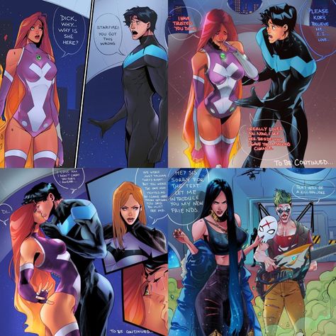 Starfire And Nightwing Judas Contract, Nightwing Starfire Comics, Star Fire X Nightwing, Nightwing X Starfire Fanart, Genderbent Starfire, Nightwing X Starfire Comics, Red X And Starfire, Robstar Comics, Night Wing X Starfire