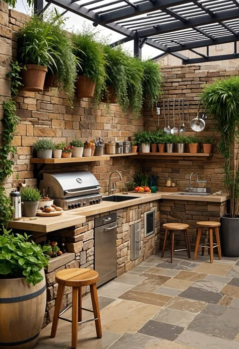 Outdoor Bar And Kitchen Ideas, Aesthetic Outdoor Kitchen, Bbq Garden, Industrial Outdoor Kitchen, Bbq Kitchen Outdoor, Outdoor Kitchen Garden, Outdoor Kitchen Rustic Wood, Pergola Kitchen, Barbecue Ideas Backyard