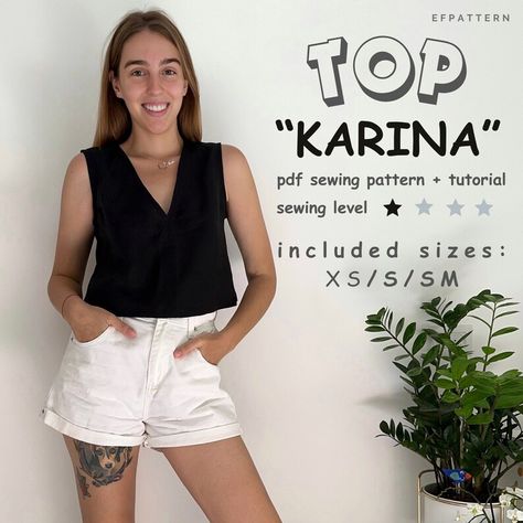 V-neck Tank Top Sewing Pattern Sizes XS S and S/M Digital - Etsy New Zealand Tank Top Sewing, Cropped Sleeveless Top, Tank Top Sewing Pattern, Crop Top Sewing Pattern, Tank Top Pattern, Top Sewing, Letter Format, Kimono Pattern, Top Sewing Pattern