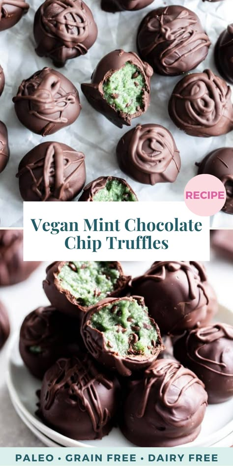 These decadent, rich and gooey mint chocolate chip truffles are a must try for all you mint chocolate lovers! A mint chocolate chip cookie dough filling is dipped in dark mint chocolate for the perfect healthier holiday treat. They’re grain free, dairy free, vegan, and fun to make! Vegan Chocolate Mint Cookies, Vegan Mint Recipes, Vegan Truffles Recipe, Healthy Truffle Recipes, Vegan Christmas Recipes Dessert, Chocolate Chip Truffles, Minty Desserts, Vegan Holiday Desserts, Mint Desserts