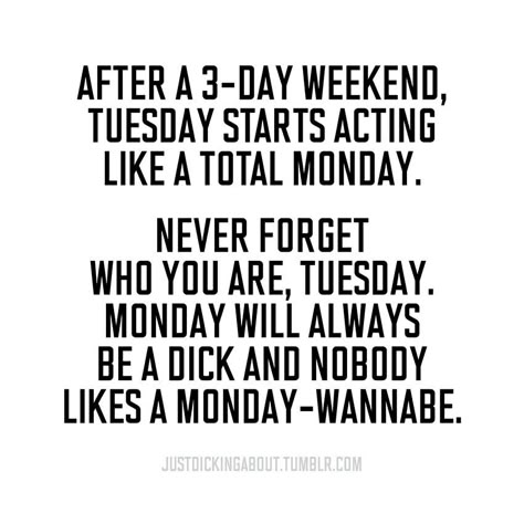 After a 3-day weekend Tuesday starts acting like a total Monday. Long Weekend Quotes, Weekend Meme, Labor Day Quotes, 3 Day Weekend, Good Morning Tuesday, Three Day Weekend, Tuesday Humor, Weekday Quotes, Weekend Quotes