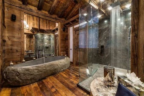 rustic stone bath tub idea Chrome Shower Fixtures, Chalet Bathroom, Copper Soaking Tub, Rustic Bath, Stone Bathtub, Luxury Ski Chalet, Tub Ideas, Stone Bathroom, Stone Bath