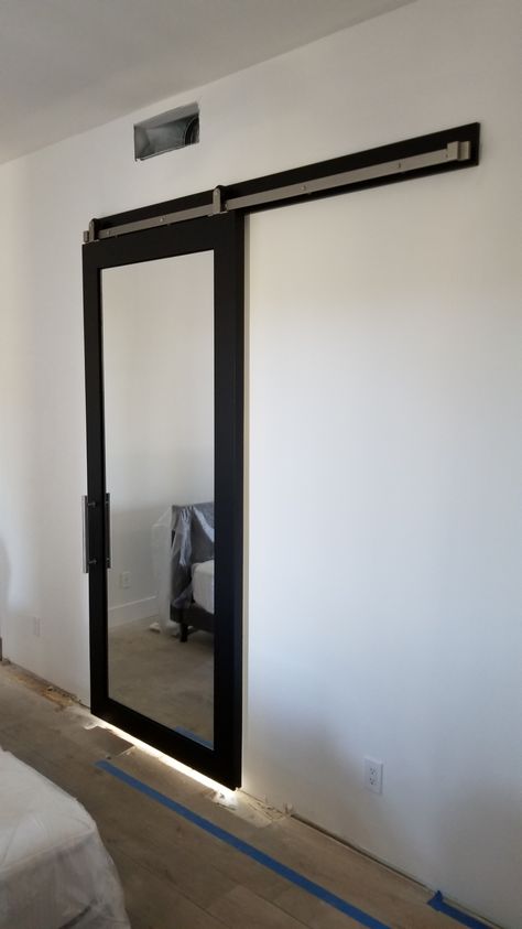 Barn Sliding Door With Mirror, Black Barn Door With Mirror, Barn Door Bedroom, Double Mirror Barn Door Closet, Mirror Barn Door Kit, Black Barn Door Mirror Bathroom, Black Barn Door, Sliding Mirror Door, Mirror Barn Door