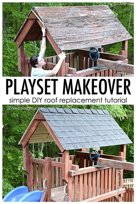 Give your playset a fresh look with a simple makeover. Follow this step-by-step tutorial to see how easy it is to update the roof with shingles. #ad #RoofItMyself #cbias Playground Makeover Diy Projects, Update Swingset, Treehouse Makeover, Backyard Playset Makeover, Playground Upgrade, Wooden Playground Makeover, Refurbished Playset, Playscape Makeover, Playground Remodel