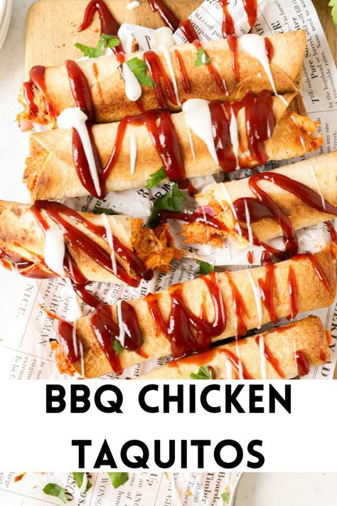 Fast Easy Dinner With Rotisserie Chicken, Recipes Using Pulled Rotisserie Chicken, Bbq Chicken Burrito, Rotisserie Chicken Flautas, Rotisserie Chicken Taquitos, Shredded Bbq Chicken Recipes, Bbq Taquitos, Rotisserie Chicken Bbq, Bbq Chicken Taquitos