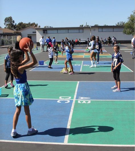 Featured Article on School Recess: Why some love and others hate this American tradition. http://blog.peacefulplaygrounds.com/2015/01/school-recess-why-some-love-and-others.htm Painted Playground, Elementary School Counseling Office, Play Scape, School Courtyard, School Exterior, Playground Markings, School Recess, School Grants, School Counseling Office