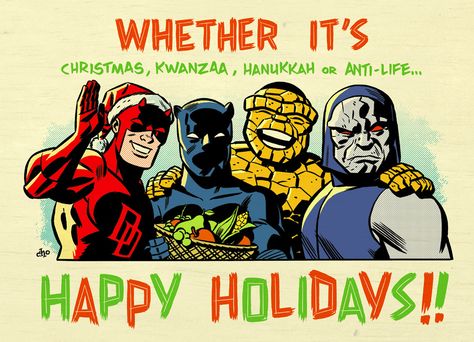 SUPERHERO HOLIDAY Geek Christmas, Ned Flanders, Happy Kwanzaa, Christmas Comics, Mary Elizabeth Winstead, Eddie Murphy, Ewan Mcgregor, Book Talk, Geek Art