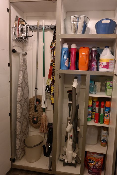 Broom Storage In Pantry, Walk In Broom Closet, Tiny Cleaning Closet, Broom Closet In Pantry, Built In Broom Cabinet, Built In Cleaning Closet, Broom Mop Organization, Home Utility Closet, Kitchen Closet Remodel