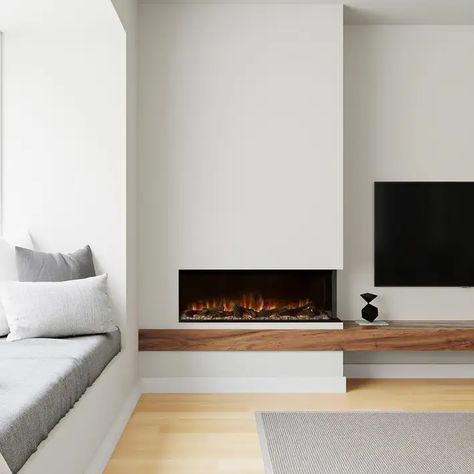 Indoor Electric Fireplaces | Stoke Fireplace Studio Modern Fireplace With Seating Ledge, Minimal Electric Fireplace, Meditteranean Fireplace, Escea Gas Fireplace, Linear Fireplace And Tv Wall Ideas, Modern Fireplace With Bench, Asymmetric Fireplace Wall, Gas Fireplace Living Room, Living Room Electric Fireplace Ideas