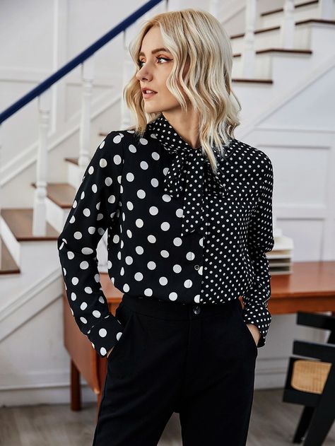 Tie Neck Polka Dot Button Front Blouse | SHEIN USA Stripes And Polka Dots Outfits, Polka Dot Outfits For Women, Polka Dot Blouse Outfit, Blouse Outfit Work, Women Work Blouse, Women Church Suits, Polka Dots Outfit, Polka Dots Fashion, Fashion Top Outfits