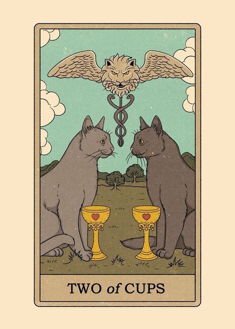 Torat Card, Tarot Painting, Spotify Sticker, Beige Posters, Tarot Cards Art Illustration, Two Of Cups, Cups Tarot, Abstract Cat, A Kind Of Magic