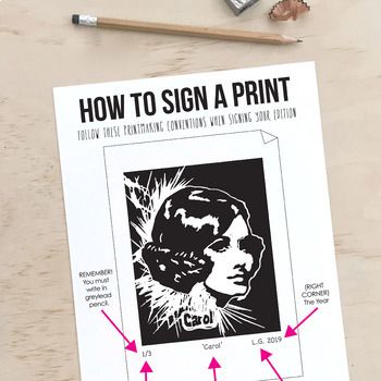 This A3 How to Sign a Print poster clearly shows the correct printmaking signing conventions. This can be easily displayed in your classroom near your press, or a great resource to give out to students. What's on the poster?Reminder to use greylead pencilWhere to write the edition number and print numberWhere to write the title of the printWhere to sign the printWhere to put the year the print was madeAny problems or queries, do not hesitate to contact me at leah@leahgrant.com.au or Instagram @l How To Sign Your Artwork, How To Linocut Print, How To Print Posters, Types Of Printmaking, Middle School Printmaking Projects, Printmaking Lessons High School, Printmaking High School Lesson Plans, Printmaking Reduction Print, Art Classroom Posters