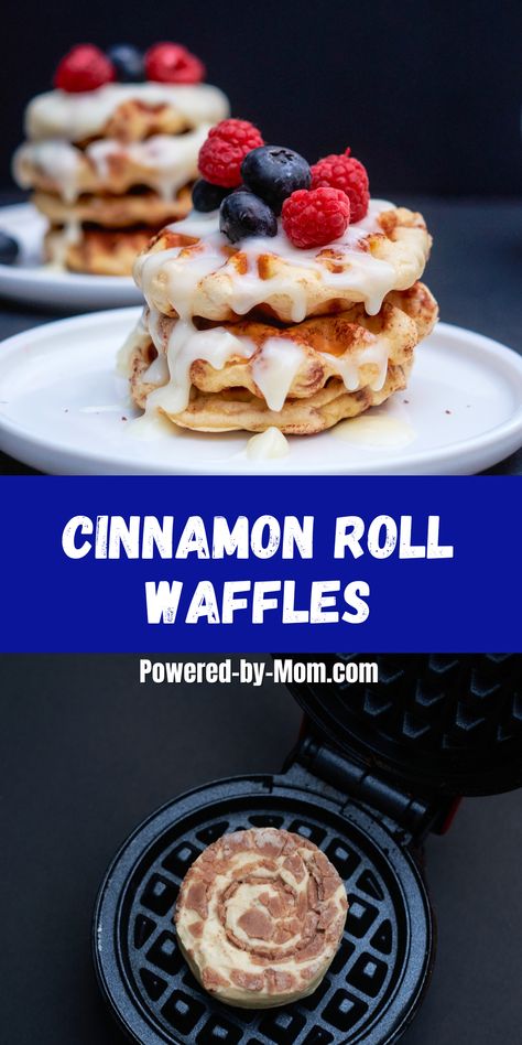 Cinnamon roll waffles topped with a decadent cream cheese icing. A delicious treat that is easy to make and ready in just a few minutes. Find out how to make this delicious and oh so easy recipe now. Griddle Scones, Cinnamon Roll Waffles Recipe, Cinnamon Roll Waffles, Cinnamon Roll Dough, Waffles Recipe, Homemade Muffins, Waffle Toppings, Cream Cheese Icing, Easy Cinnamon