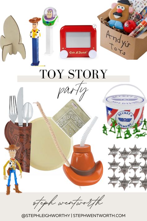 Toy Story Party - Steph Leighworthy Two Infinity And Beyond Party Favors, Free Toy Story Printables, Toy Story Party Favors Ideas, Toy Story Cloud Cake, Toy Story Goody Bag Ideas, Toy Story Birthday Table Ideas, Woody And Buzz Birthday Party, Woodys Round Up Birthday, Muted Toy Story Party