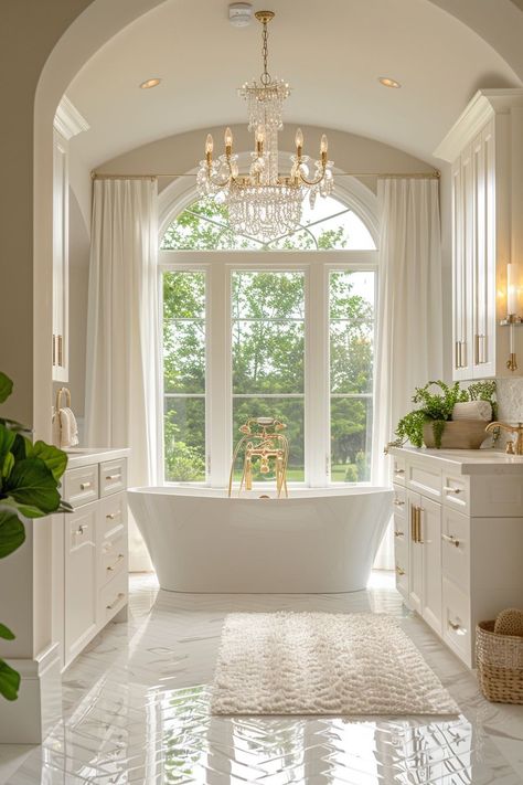 Bathtub In Front Of Window, Tub In Front Of Window, Bathtub With Window, Classic Bathroom Design Luxury, Modern French Country Bathroom, Bathroom With Chandelier, Ornate Chandelier, Elegant Bathtub, Modern Luxury Interior Design