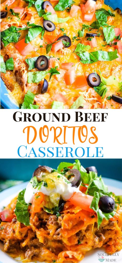 Taco seasoned ground beef flavored with salsa and sour cream creates a creaming filling for this Ground Beef Doritos Casserole. Layered with cheeses and crunchy Doritos baked until bubbly and delicious! Top it off with your favorite taco toppings to create a family favorite meal! #DoritosCasserole #GroundBeef #HamburgerRecipe #EasyMeals #FamilyRecipes #GroundBeefDoritosCasserole Doritos Casserole, Dorito Casserole, Seasoned Ground Beef, Taco Toppings, Pastas Recipes, Ground Beef Stroganoff, Ground Beef Tacos, Beef Casserole Recipes, Ground Beef Casserole