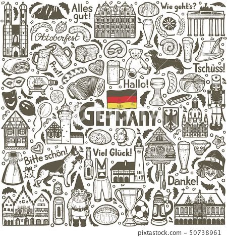 German Symbols Composition in Hand Drawn Style Germany Doodles, German Symbols, Bavarian Hat, Dinosaur Plant, Deutsch Language, Bear Mask, Make Funny Faces, Busy At Work, Styled Stock