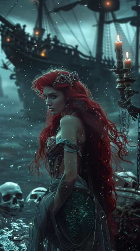 Siren Art Beautiful, Siren Character, Evil Siren, Red Hair Mermaid, Dark Mermaid Aesthetic, Pirate Mermaid, Fantasy Mermaids, Between Two Worlds, Unicorns And Mermaids