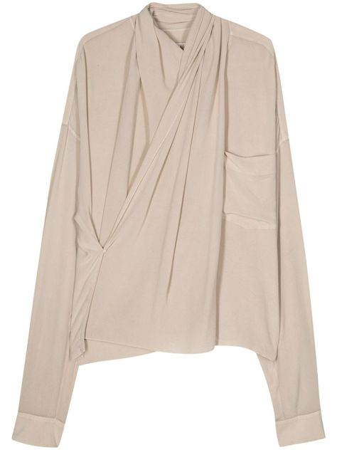 sand beige silk georgette crepe shawl collar long sleeves buttoned cuffs chest patch pocket overlapping panel rear box-pleat detail straight hem Pleated Shawl, Art Templates, Beige Silk, Versace Outfit, Blouse Price, Silk Shawl, Sand Beige, Suit Accessories, Silk Crepe