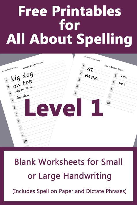 These free printables for All About Spelling Level 1 work for learners of any age.  The handwriting lines allow for large or small handwriting.  Although notebook paper would do, we use these printables to keep our spelling work neat and tidy both during the week and in our homeschool portfolios.  #AllAboutSpelling #homeschool #printables All About Spelling Printables, Small Handwriting, All About Spelling, Homeschool Portfolio, Handwriting Lines, Spelling And Handwriting, Teacher Board, Spelling Test, Spelling Rules