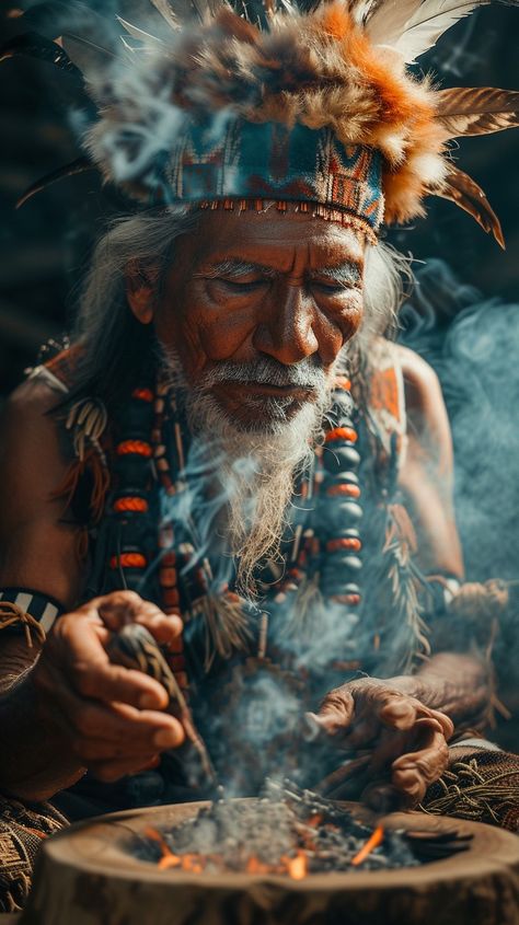 Shamanic Ritual Ceremonial: Elderly shaman wearing a #traditional #headdress performs a #sacred ritual with smoke in a #mystical atmosphere. #spiritual #ritual #elder #ancient #culture #artificialintelligence #photo #aiart #aiphoto #stockcake ⬇️ Download and 📝 Prompt 👉 https://stockcake.com/i/shamanic-ritual-ceremonial_262964_51908 Shaman Photography, Shaman Photoshoot, Shaman Art Spirituality, Peru Shaman, Shaman Aesthetic, Shamanic Ceremony, Cat Buddha, Shaman Ritual, Shaman Woman