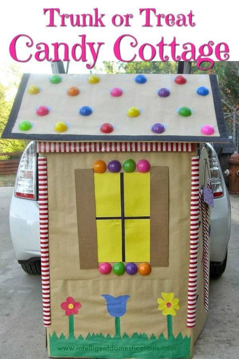 How to make a candy house like Hansel and Gretel would love for your Trunk or Treat design! It's our Trunk or Treat Candy Cottage made from a cardboard box! You will need a stove box. Hansel and Gretel House made from cardboard.  Trunk or Treat idea for cars. #trunkortreat #candyhouse #candy #halloween #church #easytrunkortreat #hanselandgretel #candyhouse #cardboardbox #diy Halloween Dessert Bars, Candy Cottage, Kid Friendly Halloween Party, Hansel And Gretel House, Construction Paper Flowers, Trunk Or Treat Ideas, Dark Stars, Vbs 2023, Kid Friendly Halloween