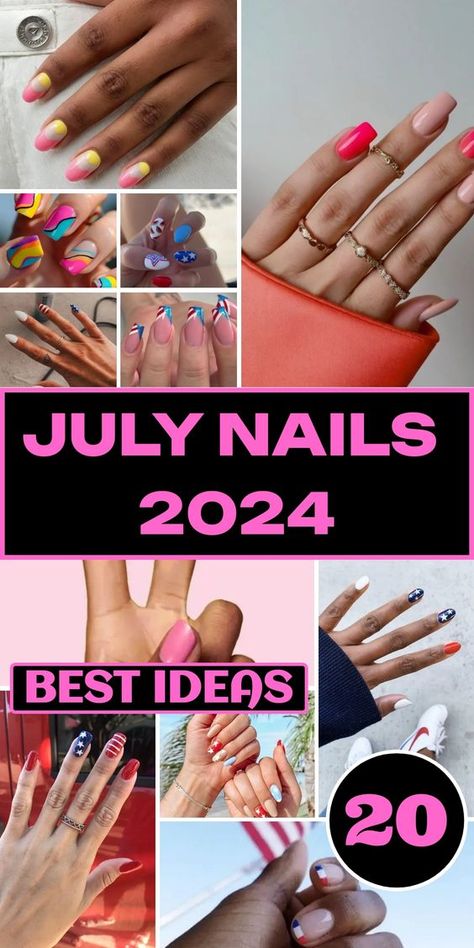 Celebrate the summer in style with 20 trending July nails. Featuring a mix of simple 4th of July ideas and sophisticated acrylic designs, our collection offers something for every taste. Explore vibrant colors and cute nail art that will make your nails stand out. From short 4th of July designs to classy and elegant styles, find the perfect look for your summer festivities. Get inspired with these must-try July nails. Nail Ideas 4th July, 4th July Nails 2024, Simple Short 4th Of July Nails, July 4th Nails Designs 2024, July Nails 2024, July Summer Nails, Classy 4th Of July Nails, Long Oval Nails, 4th Of July Ideas