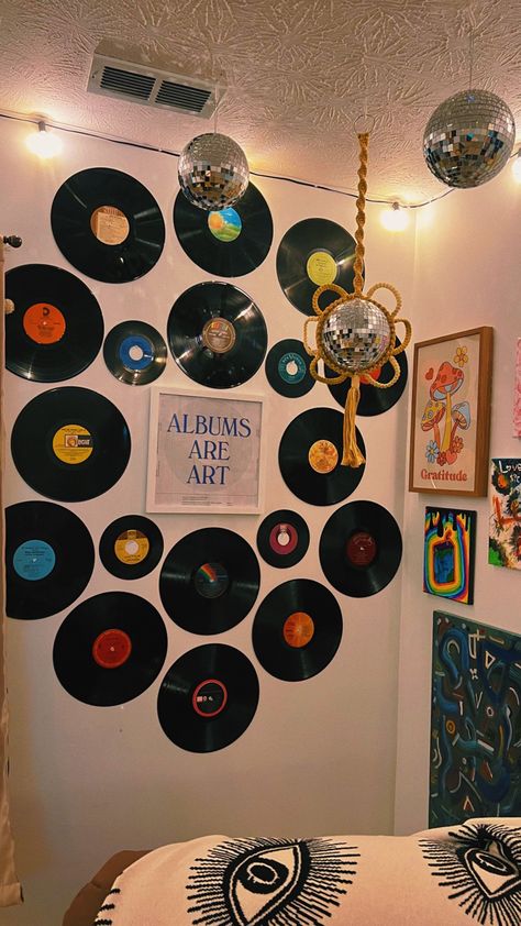 record, record wall, wall art, disco, disco ball, art wall, home decor, hippie home decor, eclectic home decor, dopamine decor Records On Wall Aesthetic Bedroom, Records On Wall Aesthetic, Records On Wall, Record On Wall, Music Studio Aesthetic, Street Room, Studio Aesthetic, Vinyl Room, Downtown Aesthetic