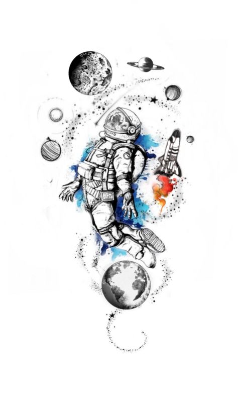 Diver And Astronaut Tattoo, Astronaut Planet Tattoo, Space Themed Tattoos Men, Time Space Tattoo, Outer Space Tattoo Ideas, Space Theme Tattoo Ideas, Space Planets Drawing, Cosmic Tattoo Galaxies, Space Themed Tattoos