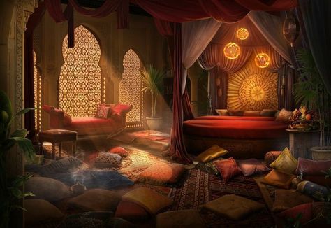 Arabic Room Aesthetic, Arabian Room Aesthetic, Fantasy Hotel Room, Arabic Bedroom Design, Gerudo Aesthetic, Harem Bedroom, Fantasy Royal Bedroom, Arab Bedroom, Fantasy Tent