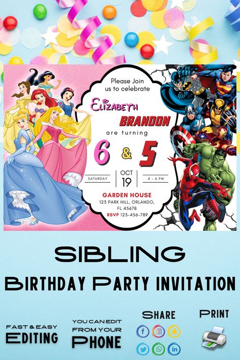 Embark on a royal adventure or superhero mission with our enchanting Princesses and Superheroes Sibling Birthday Invitation collection! 🎉 Elevate your celebration with magical themes, captivating designs, and heartfelt messages for a day filled with joy. Click to explore and shop these delightful invitations, perfect for your little royals and heroes! 🎈✨ #PrincessBirthday #SuperheroParty #SiblingCelebration Boy And Girl Birthday Party Themes, Sibling Birthday Parties, Boy Birthday Decorations, Girls Birthday Party Themes, Twin Birthday, Superhero Party, Girl Birthday Party, Princess Birthday, Daughter Love