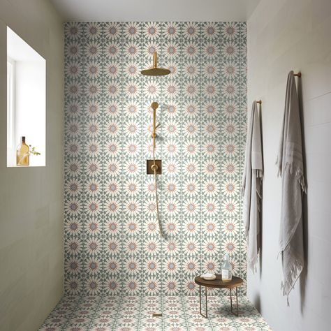 Give your home a healthy dose of vitamin D with our stunning Tropez patterned tiles. Design-led and distinctive, the starburst motif and beautiful colouring will help you style an interior that always feels on-trend. Fresh Design Why settle for less when you can dress up your home with these stunning tiles? Their geometric pattern and striking tones always create an eye-catching feature, wherever you choose to lay them. An Enduring Classic Made from durable porcelain, you can use these tiles thr Patterned Tiles Shower Wall, Bathroom Tiles Pattern Ideas, Bathroom Tiles Wall, Bathroom Tile Wall And Floor, Small Moroccan Bathroom, Bathroom Patterned Tiles, Feature Tile Shower Wall, Wallpaper And Tile, Patterned Bathroom