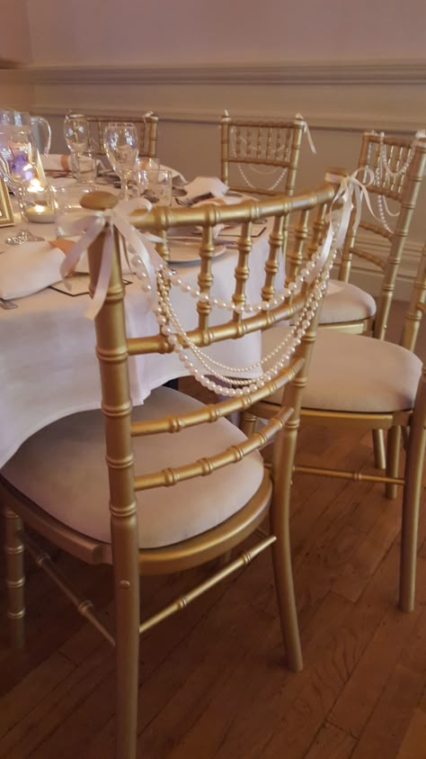 Chivari Chair Sash Ideas, Pearl Chair Decor Wedding, Chivari Chair Draping, Gold Chivari Chair, Chivari Chairs Wedding, Pearl Garland Wedding, Chair Decor Wedding, Chair Decoration Ideas, Chairs For Wedding