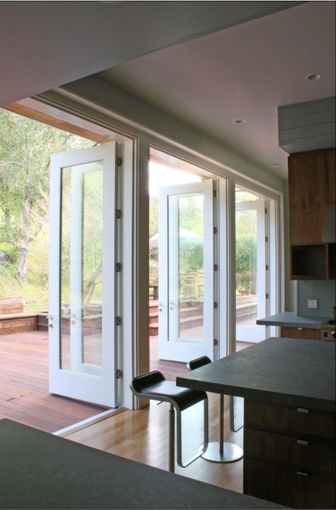 Not crazy about style of doors, but luv luv luv the option of opening up a wall to the outdoor living space. Exterior Ranch Remodel, Ranch Home Designs, Room With French Doors, Ranch House Remodel, Ranch House Designs, Ranch Remodel, Maple Kitchen, French Doors Patio, Open Concept Living Room