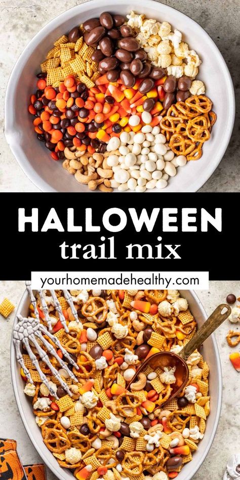 Pretzels, popcorn, chex, m&ms, cashews, and other snacks mixed in a bowl to create Halloween trail mix. Halloween Trail Mix Recipe, Halloween Trail Mix, Trail Mix Recipe, Trail Mix Recipes, Healthy Holiday Recipes, Salty Treats, Easy Holiday Recipes, Healthy Halloween, Snacks To Make