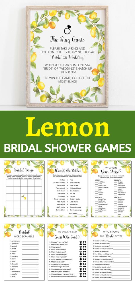 Lemon Bridal Shower Invitations, Lemon Wedding Favors, Lemonade Bridal Shower Ideas, Lemon Themed Wedding Shower Ideas, Summer Bridal Shower Decor, Lemon Bridal Shower Decor, Lemon Bridal Shower Games, Bridal Shower Ideas Lemon Theme, Lemoncello Bridal Shower Theme