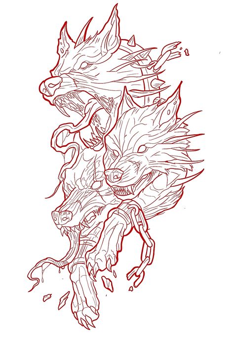 Cerberus Line Art, Chest Sleeve Tattoo Men, Lucifer Tattoo Design, Cerberus Tattoo Design, Cerberus Drawing, Cerberus Tattoo, Cerberus Art, Zelda Tattoo, Half Sleeve Tattoos Drawings