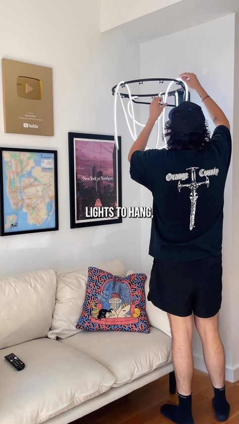 Adrian Vazquez on Instagram: “Today I turned this basketball rim into a light fixture! #interiordesign #furnitureflip #homedecor #basketballart” Neon Basketball Hoop, Basketball Home Decor, Basketball Room Decor Bedroom Ideas, Basketball Hoop In Bedroom, Basketball Room Ideas For Boys, Basketball Boys Room, Room Basketball Hoop, Basketball Lamp, Diy Basketball Hoop