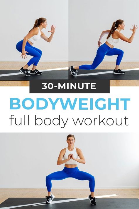 Burn fat and build muscle ANYWHERE with this challenging and effective FULL BODY BODYWEIGHT WORKOUT! This strength workout uses the resistance of your own body to build muscle in your arms, legs, back and core -- all in 30 minutes. This no equipment workout is perfect for taking on vacation or doing at home! 30 Minute Body Weight Workout At Home, Body Resistance Workout At Home, Full Body No Weight Workout, 30 Minute Workout At Home No Equipment, Body Weight Strength Training At Home, Bodyweight Full Body Workout, Full Body Workout No Weights, Bodyweight Strength Workout, No Weights Full Body Workout