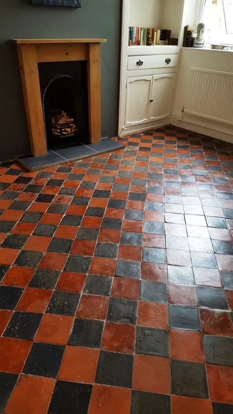 Checked Tile Floor, English Cottage Flooring, Quarry Tiles Kitchen, Quarry Tile Floor, Quarry Tiles, Tiled Floor, Welcome To My House, House Goals, Pretty House