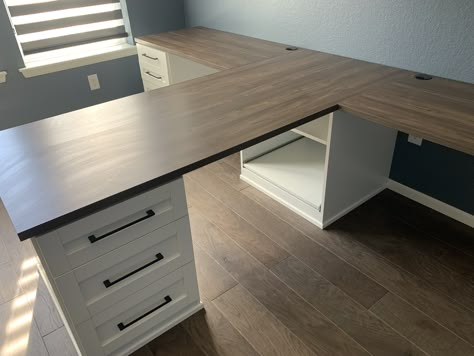 Home Office Peninsula Desk, Wrap Around Desk Office, Home Office Center Desk, T Desk Home Office, Office Space For 2, Double Home Office, Office Couple, T Desk, Peninsula Desk